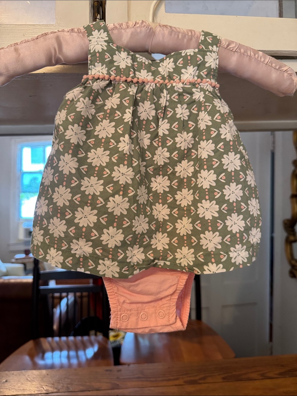 Green Floral Baby Sundress with Pink Trim and Onesie